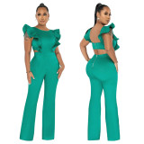 Women Summer Ruffle Round Neck Solid Jumpsuit