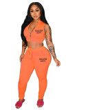 Women Casual Zipper Letter Print Top and Pants Two-Piece Set