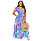 Women Off Shoulder Sleeveless Tie Print Beach Dress