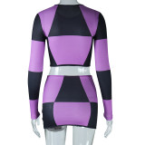 Women Round Neck Long Sleeve Printed Colorblock Crop Top and Skirt Two-Piece Set