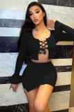 Women Sexy Ribbed Lace-Up Bell Sleeve Top Slit Skirt Two-Piece Set
