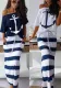 Women Navy Stripe Print Skirt Two-Piece Set