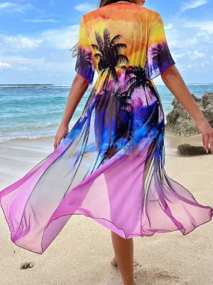 Women Sheer Mesh Print Maxi Skirt Swimwear Three-Piece