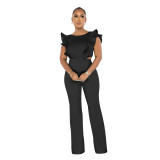 Women Summer Ruffle Round Neck Solid Jumpsuit