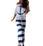 Women Navy Stripe Print Skirt Two-Piece Set