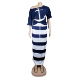 Women Navy Stripe Print Skirt Two-Piece Set