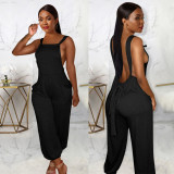 Lace-Up Sexy Women's Gray Low Back Trend Loose Suspenders Jumpsuit