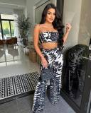 Women's Spring Summer Print Holidays Style Suspenders Wrapped Bust Wide-Leg Pants Two-Piece Set