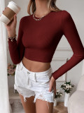 Women'S Sexy Low Back Casual Cropped Slim Fit Knitting Long Sleeve T-Shirt Top Basic Outdoor Wear