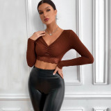 V-Neck Solid Color Women'S Top Basics Slim-Fit Long-Sleeved T-Shirt Women'S Clothing