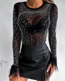 Women'S Beaded Tight Fitting Feather Long Sleeve Sexy Top