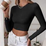 Women'S Sexy Low Back Casual Cropped Slim Fit Knitting Long Sleeve T-Shirt Top Basic Outdoor Wear
