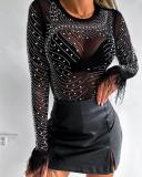 Women'S Beaded Tight Fitting Feather Long Sleeve Sexy Top