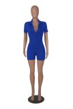 Women'S Solid Short Sleeve Turndown Collar Button Up Rib Tight Fitting Casual Jumpsuit