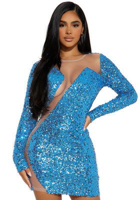 Women Sexy See-Through Sequined Long Sleeve Dress