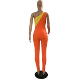 Women Clothing Colorblock One Shoulder Zip Jumpsuit
