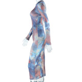 Women Round Neck Print Long Sleeve Bodycon Dress