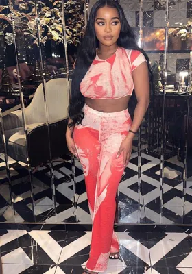 Women Character Print Round Neck and High Waist Wide Leg Pants Two-Piece Set