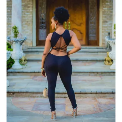 Women Sexy Backless V Neck Button Sleeveless Jumpsuit