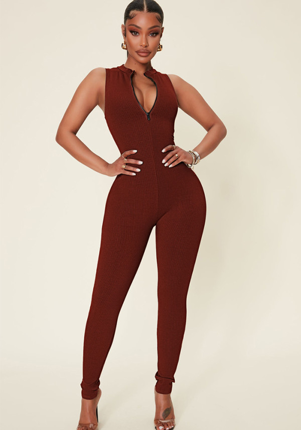 Women Spring Casual Ribbed Sleeveless Zip Jumpsuit