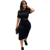 Women Solid Lace-Up Slit Short Sleeve Top and Skirt Two Piece