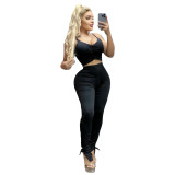 Women Suspenders Sexy Buttocks Lace-Up Crop Top and Pant Two-Piece Set