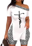 Fashion Casual Women's Slash Shoulder Slit Letter Positioning Print Short Sleeve Suit