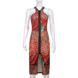 Chic Women's Fashion Vintage Print Zipper Patchwork Sleeveless Fitted Maxi Dress
