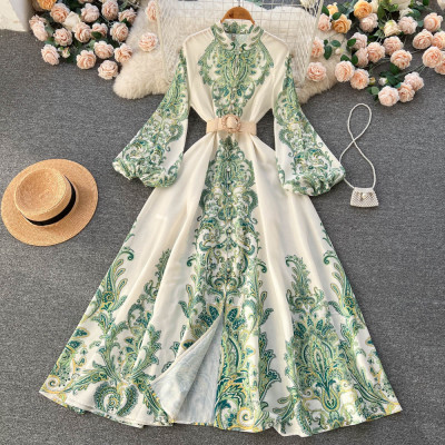 Spring New Retro Court Style Print Lantern Sleeves Stand Collar Single-breasted High Waist Swing Dress Long Dress