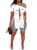 Fashion Casual Women's Slash Shoulder Slit Letter Positioning Print Short Sleeve Suit