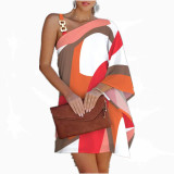 Fashion Ladies Printed Color Block Chain Asymmetric Neckline Casual Dress