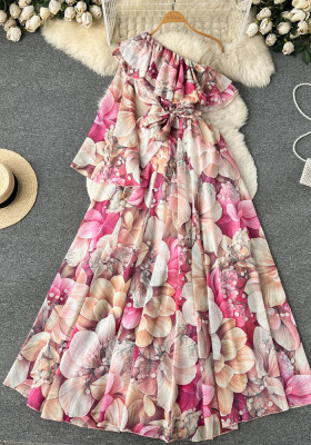 Spring and Autumn One Shoulder Bell Bottom Sleeve Slim Waist Floral Dress Women's Pleated Knee Swing Holidays Long Dress