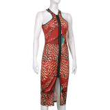 Chic Women's Fashion Vintage Print Zipper Patchwork Sleeveless Fitted Maxi Dress