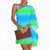 Fashion Ladies Printed Color Block Chain Asymmetric Neckline Casual Dress