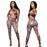 Ladies' Fashion Print Halter Neck Low Back Career Sexy Two-Piece Suit