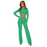 Spring Summer Women'S Solid Round Neck Crop Long Sleeve Top Fashionable Casual Pants Two Piece Set