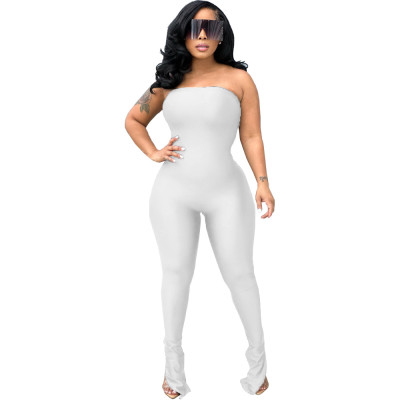 Sexy Solid Strapless Slim Fitted Slit Casual Jumpsuit