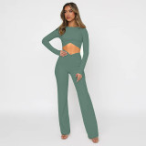 Spring Summer Women'S Solid Round Neck Crop Long Sleeve Top Fashionable Casual Pants Two Piece Set