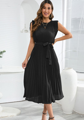 Summer Elegant Ruffle Sleeve Pleated Midi Dress Solid Plus Size Dress