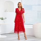 Ladies Plus Size Embroidered Sequined Dress Fashion Slim V-Neck Maxi Dress