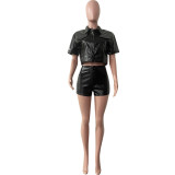 Women'S Summer Pu Leather Patchwork Button Tight Fitting Shirt Shorts Two-Piece Set