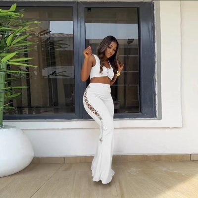 Spring Fashion Solid Lace-Up Crop Tank Top Bell Bottom Pants Two-Piece Set