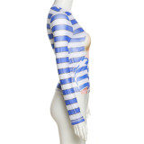 Women'S Spring Fashion Striped Print Slim Fit Long Sleeve T-Shirt