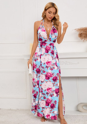 Sexy Printed Deep V Neck Lace-Up Halter Dress Summer Maxi Dress