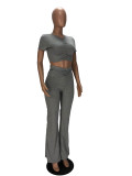 WomenPleat Short Sleeve Crop Top and Bell Bottom Pant Two-Piece Set