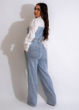 Women Casual Stretch Denim Patchwork Long Sleeve Jumpsuit