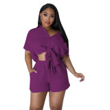 Women solid Shirt and Shorts Two-Piece Set