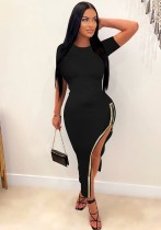 Women Round Neck Short Sleeve Oversized Zipper Slit Beaded Maxi Dress