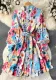 Women Stand Collar Vintage Print Ruffle Long Sleeve Pleated Dress