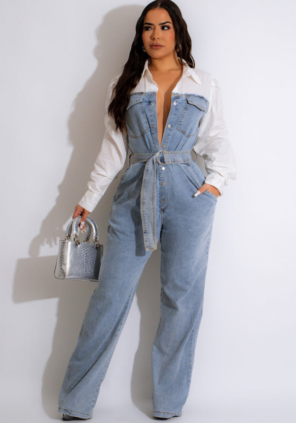 Women Casual Stretch Denim Patchwork Long Sleeve Jumpsuit